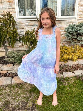 Girl's Large (10-12) Pastel Pink, Blue, Purple Flutter-Sleeve Midi Tie-Dye Dress